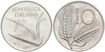 Италия 10 лир 1971 R, колосья, плуг KM 93 алюминий UNC 86-844