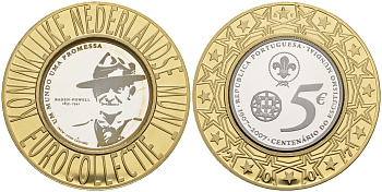 Португалия 5 евро 2007 100 лет движения скаутов, Роберт Баден-Пауэлл (1857-1941), коллекция Нидерландского монетного двора KM 770 a серебро PROOF 11-060-34