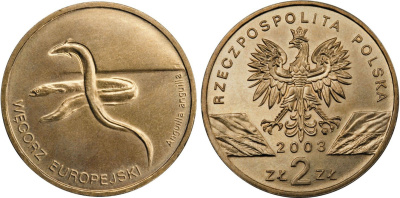 Польша 2 злотых 2003 MW, серия сохраним природу, европейский угорь KM 445 нордик  UNC  1523-813