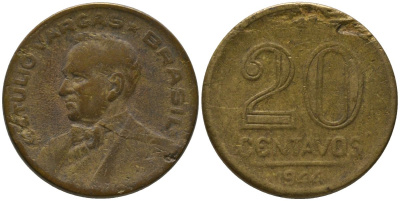 Бразилия 20 сентаво 1944 Жетулиу Варгас KM 556a алюминиевая бронза 4567-831