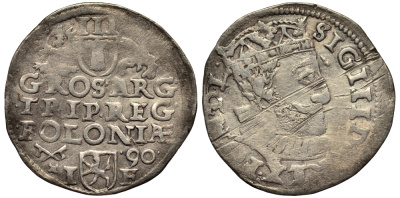 ПОЛЬША 3 ГРОША 1590 СИГИЗМУНД III GUMOWSKI 995 серебро 413-4135