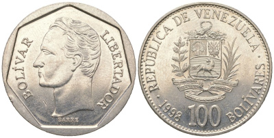 Венесуэла 100 боливаров 1998 Симон Боливар KM 78.1, Schon 88 сталь плакированная никелем aUNC 4364-414