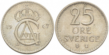 Швеция 25 эре 1967 U Густав VI Адольф (1950-1973) KM 836 медно-никель 3955-361