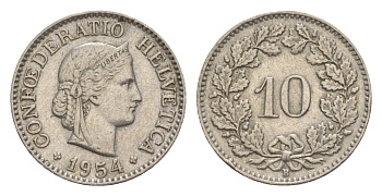 Швейцария 10 раппенов 1954 B KM 27 медно-никель 4625-168