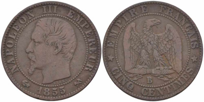 Франция 5 сантимов 1855 B, Наполеон III (1852-1870) KM 777.2, LE FRANC 116.19 бронза 108-316