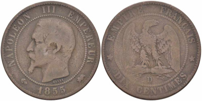 Франция 10 сантимов 1855 D, Наполеон III (1852-1870) KM 771.4, Le Franc 133.25 бронза    4680-521