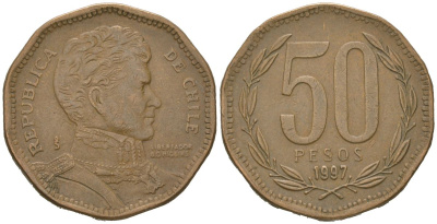 Чили 50 песо 1997 So KM 219 алюминиевая бронза 4523-355