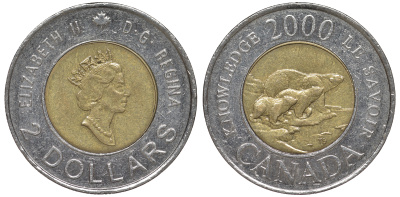 Канада 2 доллара 2000 миллениум, полярные медведи KM 399 биметалл 4605-623