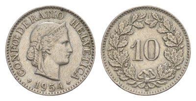 Швейцария 10 раппенов 1954 B KM 27 медно-никель 4625-168