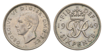 Великобритания 6 пенсов 1949 Георг VI (1936-1952) KM 875, Spink 4110 медно-никель 4696-815