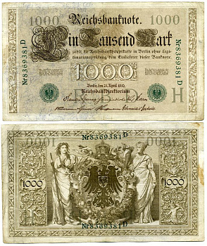 ГЕРМАНИЯ 1000 МАРОК 1910 ЗЕЛЕНАЯ ПЕЧАТЬ, 7 ЦИФР В НОМЕРЕ Pick 45b бумага 3295-120-2-2