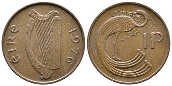 ИРЛАНДИЯ 1 ПЕННИ 1976 ПТИЧКА KM 20 бронза 4110-621