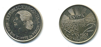 Аргентина 2 песо 2002 Мария Эва Дуарте де Перон KM 135 медно-никель UNC 37-332