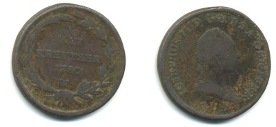 АВСТРИЯ 1 КРЕЙЦЕР 1780 W, ЖОЗЕФ II (1765-1780) KM 2056 медь 00-00