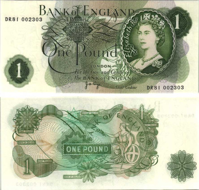 АНГЛИЯ 1 ФУНТ 1970-1977 ПОДПИСЬ J.B. PAGE Pick 374g бумага UNC (ПРЕСС) 7214-2-1-1