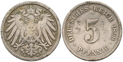 Германия 5 пфеннигов 1898 E KM 11, J. 12 медно-никель 4393-1226