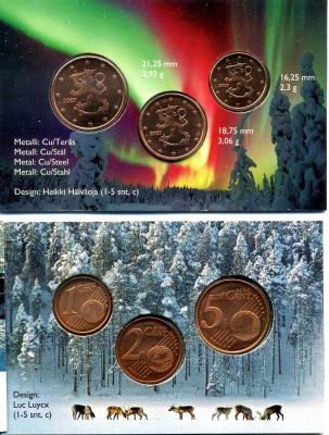 Финляндия набор из 3 монет 2007 1, 2, 5 евроцентов, запайка, буклет сталь плакированная медью UNC 3-4-8-72