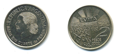 Аргентина 2 песо 2002 Мария Эва Дуарте де Перон KM 135 медно-никель UNC 37-332