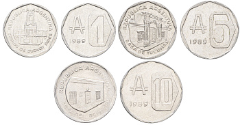 Аргентина годовой набор из 3 монет (1, 5 и 10 аустралей) 1989 KM 100, 101 и 102 алюминий UNC 4662-811-813