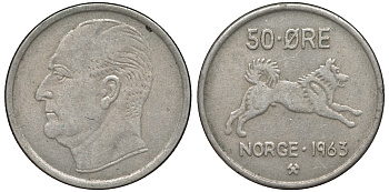 Норвегия 50 эре 1963 Улаф V (1957-1991), собака KM 408 медно-никель 4556-1036