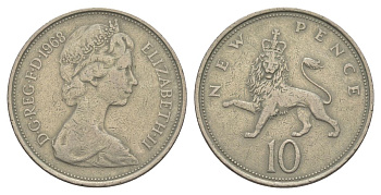 Великобритания 10 новых пенсов 1968 Елизавета II (1952-2022) KM 912, Spink 4231 (F1) медно-никель 4633-824