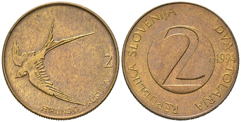Словения 2 толара 1994 ласточка, открытая четвертка (4) KM 5 латунь 186-254