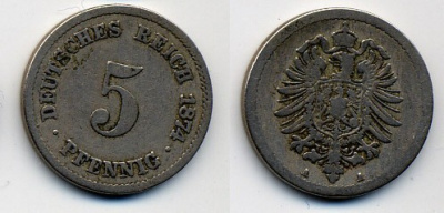 ГЕРМАНИЯ 5 ПФЕННИГОВ 1874 A, СТАРОГЕРБОВКА KM 3, J. 3 медно-никель 41-613