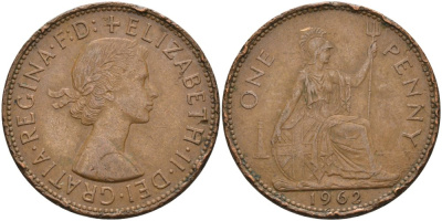 Великобритания 1 пенни 1962 Елизавета II (1952-2022) KM 897, Spink 4157 бронза 4574-211