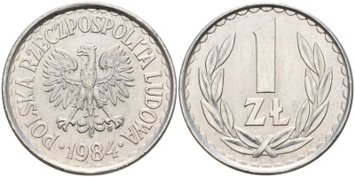 Польша 1 злотый 1984 MW KM 49.1 алюминий  UNC  4161-215
