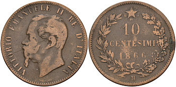 Италия 10 чентезимо 1866 H, Виктор Эммануил II (1861-1878) KM 11.3 медь    4144-145
