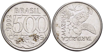 Бразилия 500 крузейро 1992 морская черепаха KM 624 нержавеющая сталь 4396-545