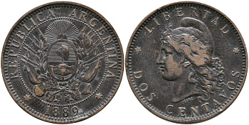 Аргентина 2 сентаво 1889 голова Свободы влево KM 8 бронза 4531-546