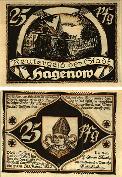 ХАГЕНОВ 25 ПФЕННИГОВ 1922 НОТГЕЛЬД, 1922 - 30 АПРЕЛЯ 1922, ЗЕМЛЯ МЕКЛЕНБУРГ-ПЕРЕДНЯЯ ПОМЕРАНИЯ Grabowski 500.2 бумага 7547-88-4-1