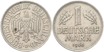ФРГ 1 марка 1966 D KM 110 медно-никель 4143-133
