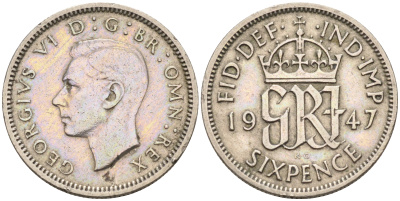 Великобритания 6 пенсов 1947 Георг VI (1936-1952) KM 862, Spink 4105 медно-никель 4588-519