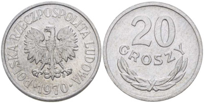 ПОЛЬША 20 ГРОШЕЙ 1970 MW KM А47 алюминий 201-456