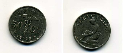 БЕЛЬГИЯ 50 САНТИМОВ 1923 BELGIQUE KM 87 37-256