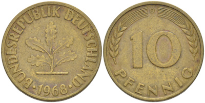 ФРГ 10 ПФЕННИГОВ 1968 D KM 108, J. 383 сталь плакированная латунью 4182-756