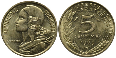 ФРАНЦИЯ 5 САНТИМОВ 1969 ТИП MARIANNE KM 933 медь алюминий никель 176-1221