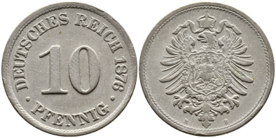 Германия 10 пфеннигов 1876 B, старогербовка KM 4, Jager 4, Weege 7 медно-никель 83-1052