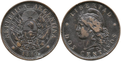 Аргентина 2 сентаво 1889 голова Свободы влево KM 8 бронза 4531-546