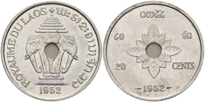 Лаос 20 центов 1952 король Сисаванг Вонг (1904-1959), слоны KM 5 алюминий UNC 4599-1236