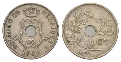 Бельгия 25 сантимов 1909 Belgique, Леопольд I (1865-1909) KM 62 медно-никель 4156-511