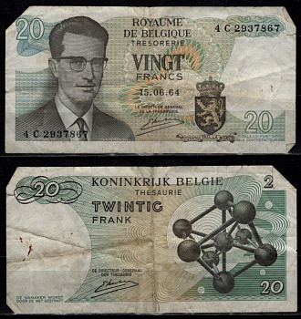 Бельгия 20 франков 1964 Бодуэн I; Атомиум, Брюссель Pick 138 (3) бумага 7548-122-2-2