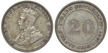 Стрейтс-Сетлментс 20 центов 1927 Георг V (1910-1936) КМ 30b серебро 53-752