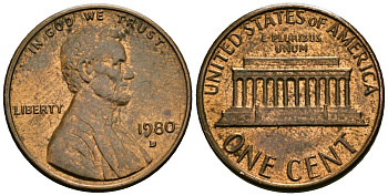 США 1 цент 1980 D, Авраам Линкольн KM 201 медь цинк 4136-168