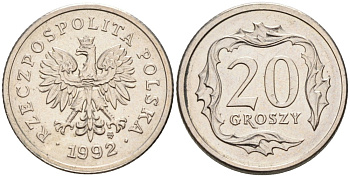 ПОЛЬША 20 ГРОШЕЙ 1992 MW KM 280 медно-никель 192-422