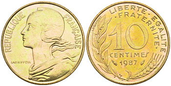 Франция 10 сантимов 1987 тип Марианна KM 929 медь алюминий никель    4594-1221