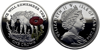 Остров Мэн 1 крона 2014 в память героев первой мировой войны, одинокая лошадь, красный мак KM NEW серебро, эмаль  PROOF 1071-3-23