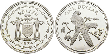 Белиз 1 доллар 1974 ПОПУГАЙ АРА KM 43 медно-никель PROOF 00-00